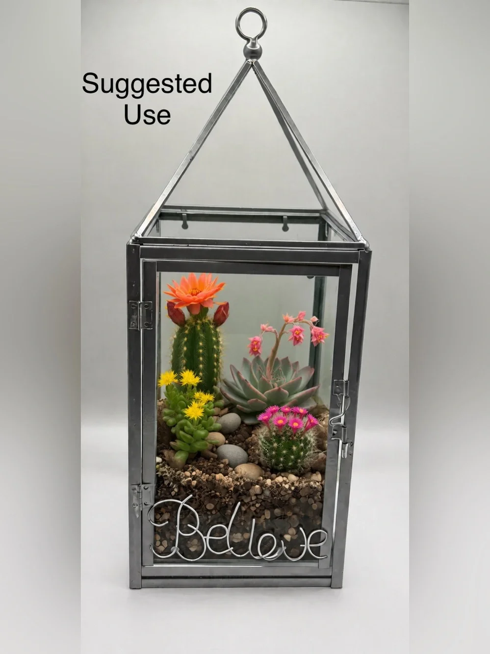 Metal and Glass Hanging Lantern - Silver